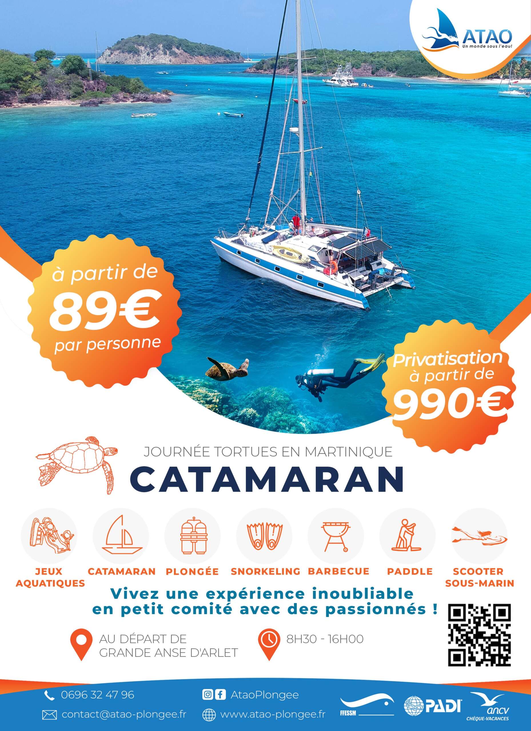 Flyer décrivant nos sorties journées en petit comité en catamaran avec snorkeling, paddles, tortues BBQ, scooter sous-marin, plongée bouteille